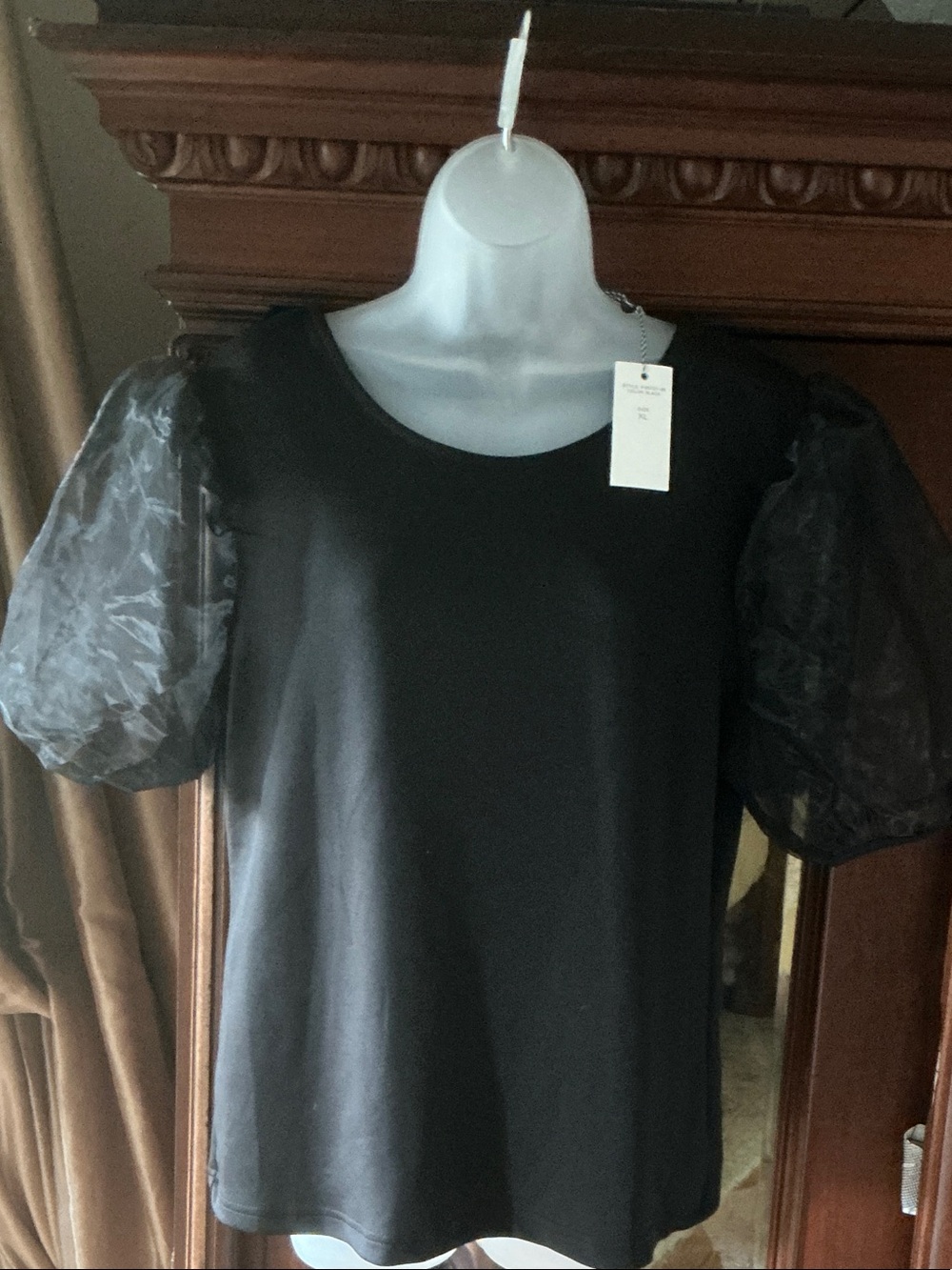 Kaktus Black Puff-Sleeve Sheer Top